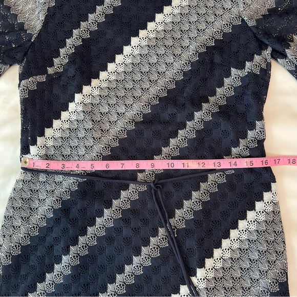 Navy Blue/Gray/White Striped Midi Dress with Unlined Bell Sleeves NWT Sz 10 - Picture 15 of 17